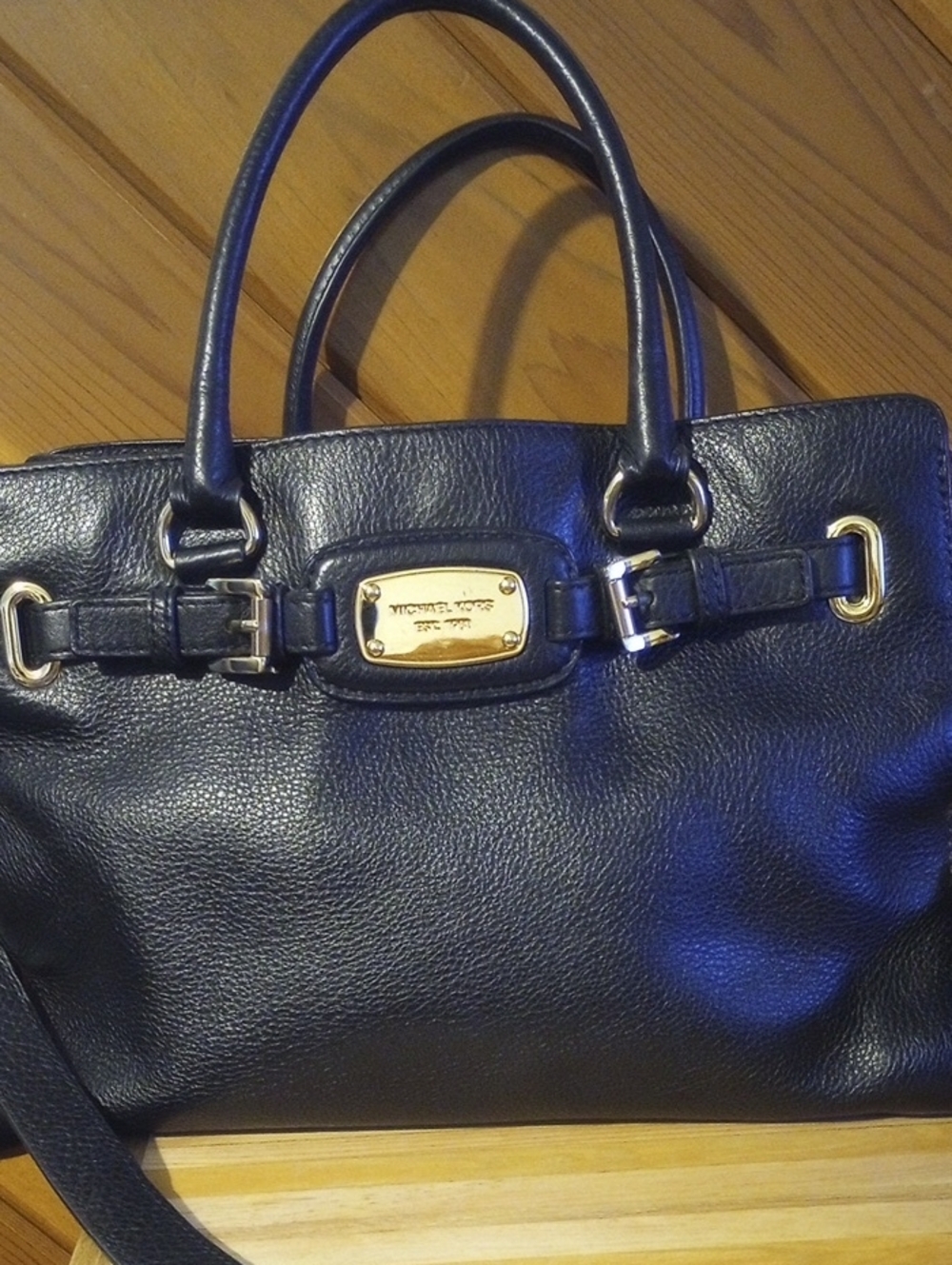 Michael Kors Black Leather Satchel with Gold Plaque